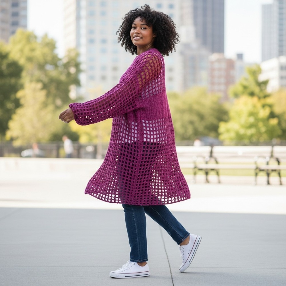 Crochet Knit Sweater Dress Plum Purple Open Knit Boho Festival Party Cover Up OS